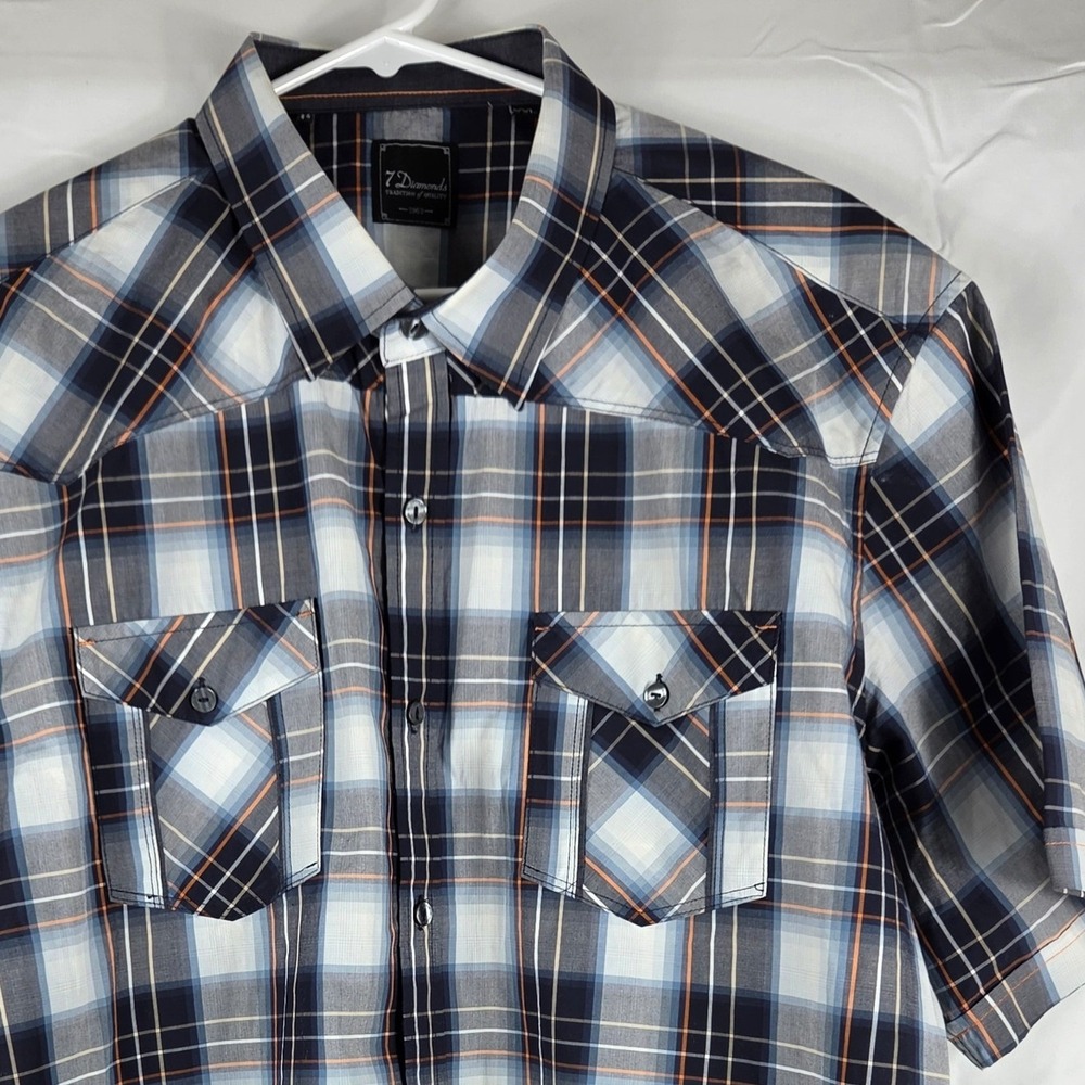 7 Diamonds Mens XXL Blue Orange Plaid Short Sleeve Button Down Western Shirt